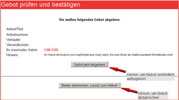 Schaltflche Gebot prfen und besttigen - Auktion