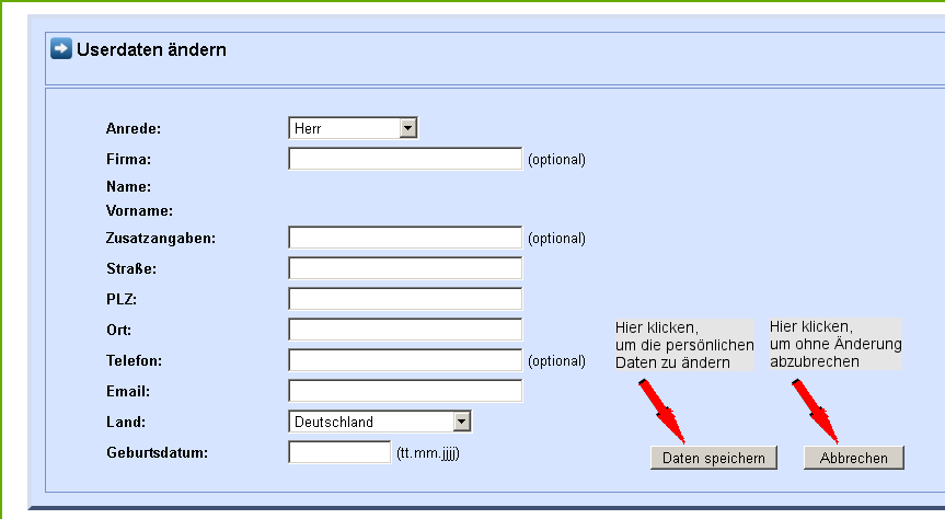 Mein -talero - Meine Daten / Einstellungen - Persnliche Daten ndern