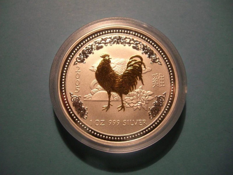 Lunar 1, Hahn 2005 Silber gilded, vergoldet, 1 Oz Perth Mint 